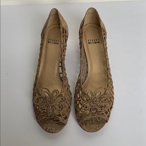 STUART WEITZMAN Tan & Gold Caged Wedge Heels